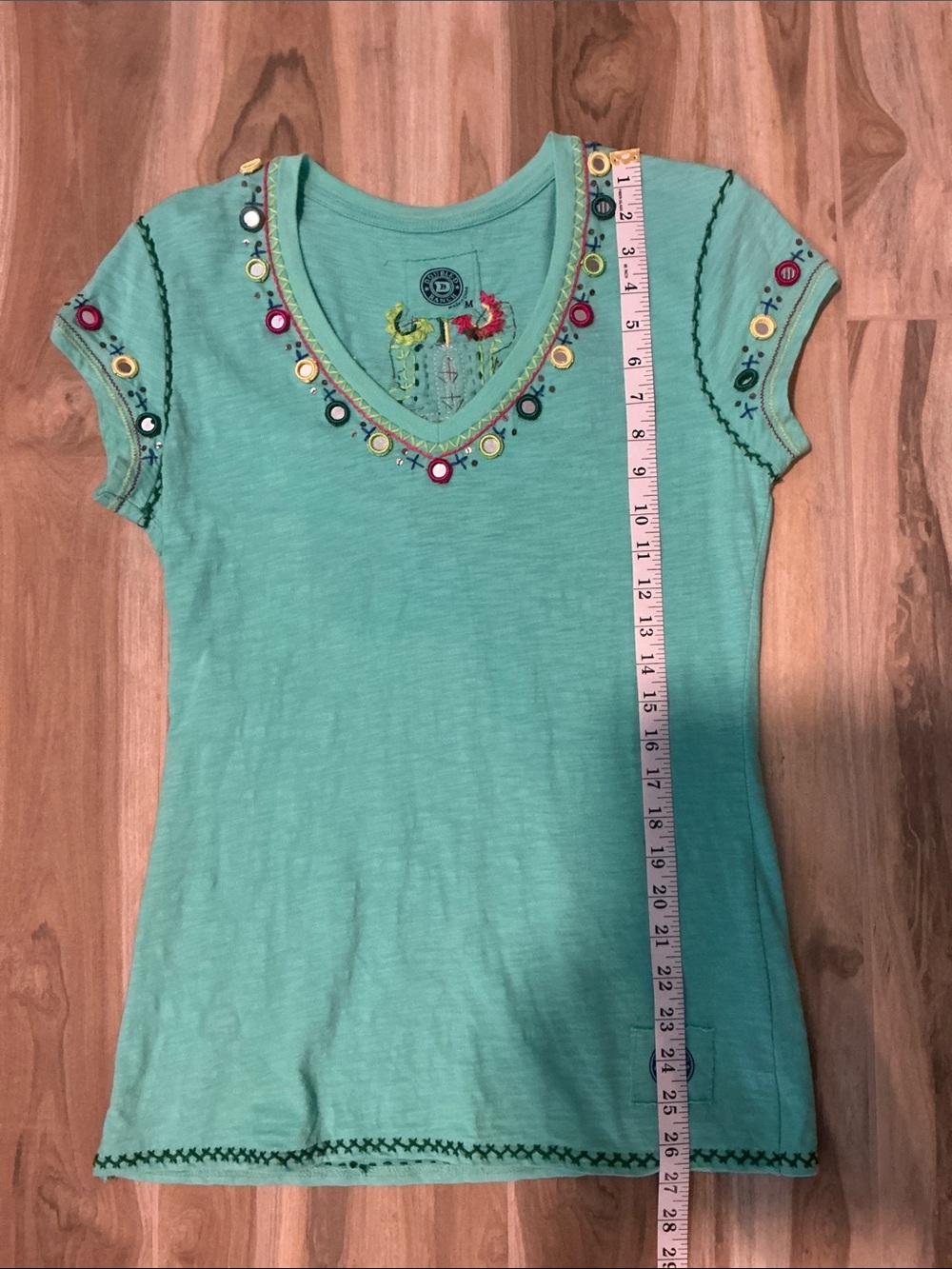 Women's Double D Ranch Teal Embroidered V-Neck Top - Picture 7 of 8